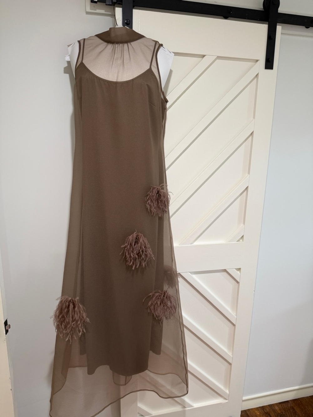Brown Feather-Appliqué Sheer Overlay Wedding Dress
